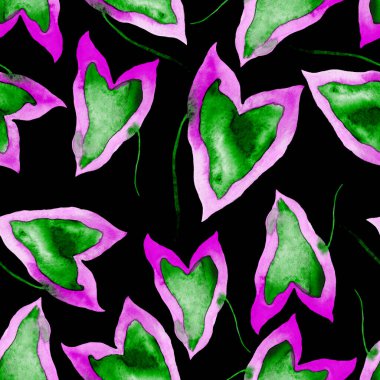 Renkli ve soyut tropikal yapraklı suluboya desenli. Egzotik bitkilerle dolu parlak yaz baskısı. Yaratıcı trend botanik tekstil tasarımı.