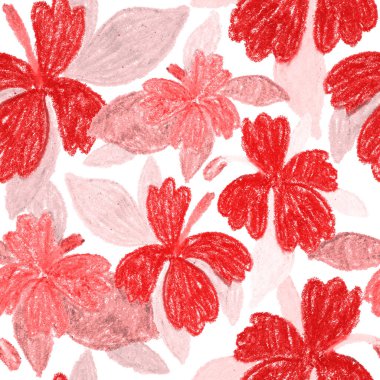 Balmumu pastel boyalarla çizilmiş soyut çiçekleri olan yaratıcı, pürüzsüz desen. Parlak renkli çiçek deseni.