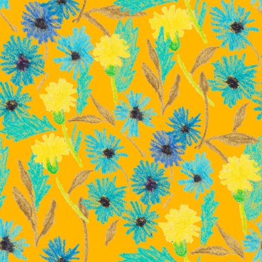 Balmumu pastel boyalarla çizilmiş soyut çiçekleri olan yaratıcı, pürüzsüz desen. Parlak renkli çiçek deseni.