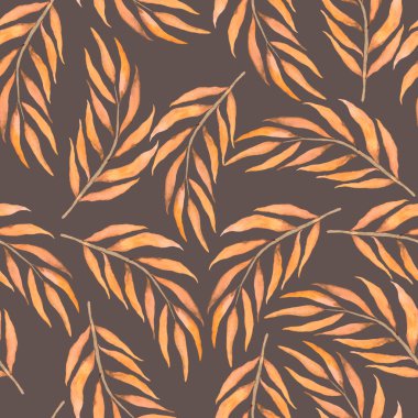 Vintage yapraklı suluboya desenli. Dekoratif tasarım için renkli yaprakları olan güzel bir botanik baskısı. Parlak bahar ya da yaz arkaplanı. Klasik düğün dekoru. Tekstil tasarımı.