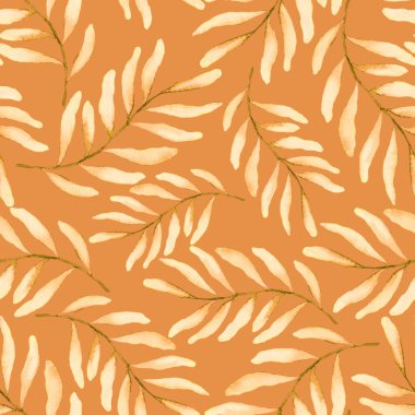 Vintage yapraklı suluboya desenli. Dekoratif tasarım için renkli yaprakları olan güzel bir botanik baskısı. Parlak bahar ya da yaz arkaplanı. Klasik düğün dekoru. Tekstil tasarımı.