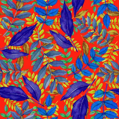 Vintage yapraklı suluboya desenli. Dekoratif tasarım için renkli yaprakları olan güzel bir botanik baskısı. Parlak bahar ya da yaz arkaplanı. Klasik düğün dekoru. Tekstil tasarımı.