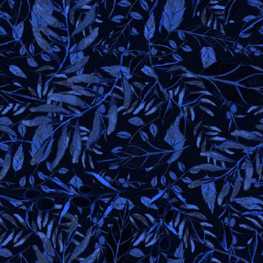 Vintage yapraklı suluboya desenli. Dekoratif tasarım için renkli yaprakları olan güzel bir botanik baskısı. Parlak bahar ya da yaz arkaplanı. Klasik düğün dekoru. Tekstil tasarımı.