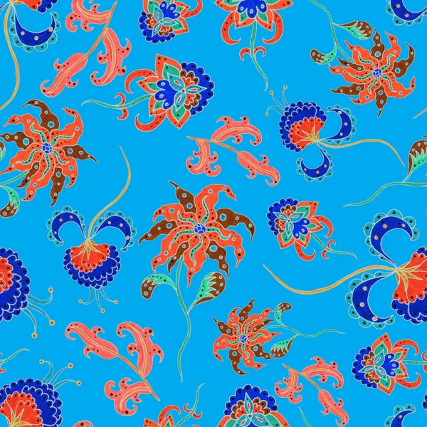 Çiçekli ve yapraklı suluboya desenler etnik tarzda. Çiçek süsleme. Geleneksel şal deseni. Tekstil tasarım dokusu. Kabilesel etnik klasik dikişsiz model..