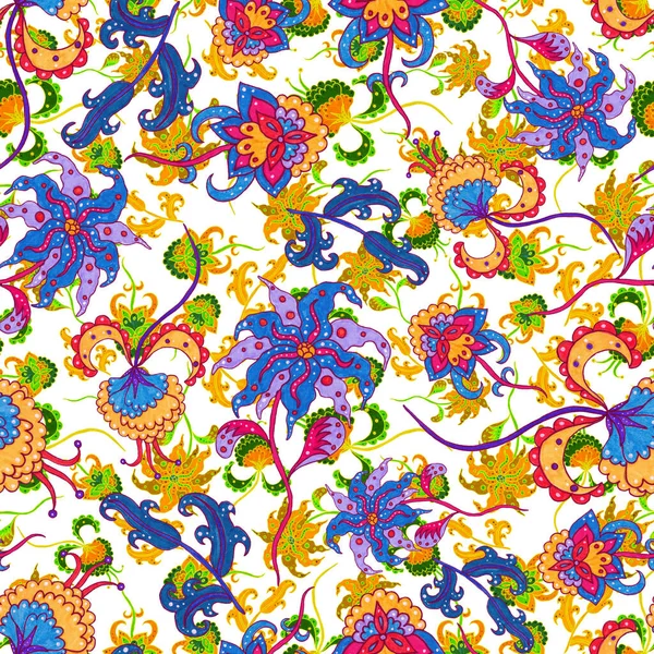 Çiçekli ve yapraklı suluboya desenler etnik tarzda. Çiçek süsleme. Geleneksel şal deseni. Tekstil tasarım dokusu. Kabilesel etnik klasik dikişsiz model..