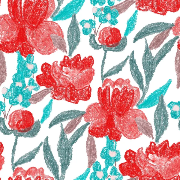 Creative Seamless Pattern Abstract Flowers Drawn Wax Crayons Bright Colorful — Stock Photo, Image