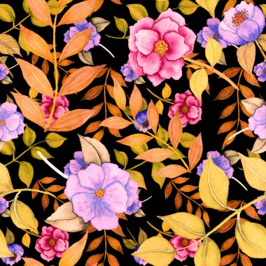 Çiçeklerle suluboya kusursuz desen. Klasik çiçek desenleri. Çiçeksiz desen. Botanik sanatı. Çiçek botanik koleksiyonu. Çiçek seti. Suluboya botanik tasarımı.