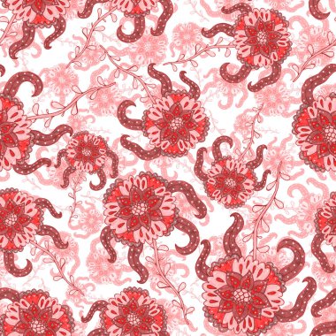 Çiçekli ve yapraklı suluboya desenler etnik tarzda. Çiçek süsleme. Geleneksel şal deseni. Tekstil tasarım dokusu. Kabilesel etnik klasik dikişsiz model..