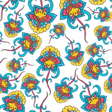 Çiçekli ve yapraklı suluboya desenler etnik tarzda. Çiçek süsleme. Geleneksel şal deseni. Tekstil tasarım dokusu. Kabilesel etnik klasik dikişsiz model..