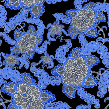 Çiçekli ve yapraklı suluboya desenler etnik tarzda. Çiçek süsleme. Geleneksel şal deseni. Tekstil tasarım dokusu. Kabilesel etnik klasik dikişsiz model..