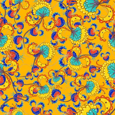 Çiçekli ve yapraklı suluboya desenler etnik tarzda. Çiçek süsleme. Geleneksel şal deseni. Tekstil tasarım dokusu. Kabilesel etnik klasik dikişsiz model..