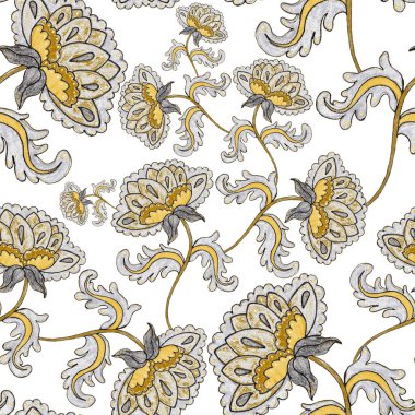 Çiçekli ve yapraklı suluboya desenler etnik tarzda. Çiçek süsleme. Geleneksel şal deseni. Tekstil tasarım dokusu. Kabilesel etnik klasik dikişsiz model..