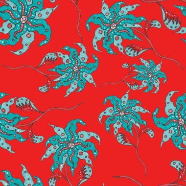 Çiçekli ve yapraklı suluboya desenler etnik tarzda. Çiçek süsleme. Geleneksel şal deseni. Tekstil tasarım dokusu. Kabilesel etnik klasik dikişsiz model..