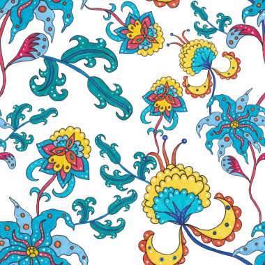 Çiçekli ve yapraklı suluboya desenler etnik tarzda. Çiçek süsleme. Geleneksel şal deseni. Tekstil tasarım dokusu. Kabilesel etnik klasik dikişsiz model..