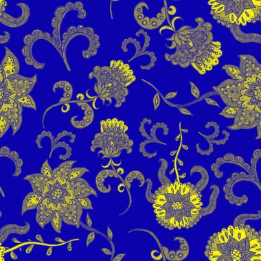 Çiçekli ve yapraklı suluboya desenler etnik tarzda. Çiçek süsleme. Geleneksel şal deseni. Tekstil tasarım dokusu. Kabilesel etnik klasik dikişsiz model..