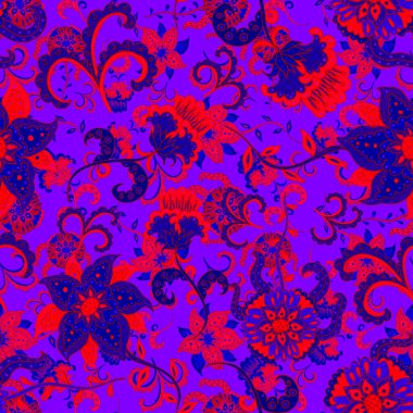 Çiçekli ve yapraklı suluboya desenler etnik tarzda. Çiçek süsleme. Geleneksel şal deseni. Tekstil tasarım dokusu. Kabilesel etnik klasik dikişsiz model..