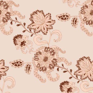 Çiçekli ve yapraklı suluboya desenler etnik tarzda. Çiçek süsleme. Geleneksel şal deseni. Tekstil tasarım dokusu. Kabilesel etnik klasik dikişsiz model..