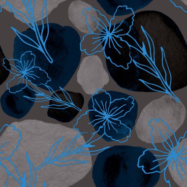 Çizgili sanat çiçekleri ve suluboya lekeleri olan yaratıcı kusursuz desen. Moda soyut modern vintage baskı.