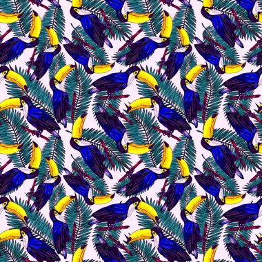 Tukanla dikişsiz suluboya desen. Tropik kuşlu ve yapraklı egzotik botanik orman duvar kağıdı. Parlak yaz şablonu geçmişi.