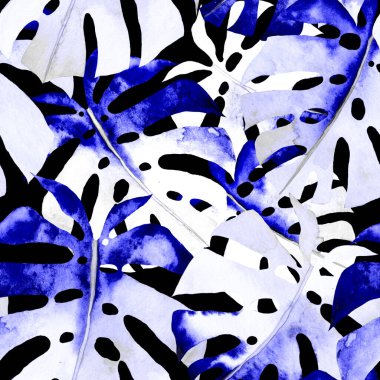 Renkli ve soyut tropikal yapraklı suluboya desenli. Egzotik bitkilerle dolu parlak yaz baskısı. Yaratıcı trend botanik tekstil tasarımı.