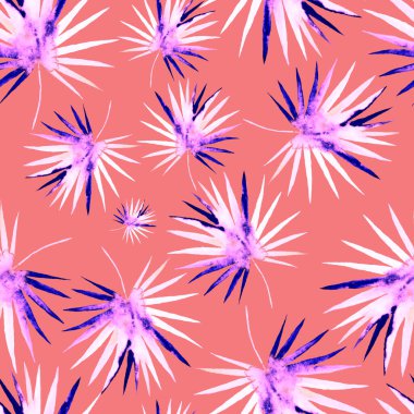 Renkli ve soyut tropikal yapraklı suluboya desenli. Egzotik bitkilerle dolu parlak yaz baskısı. Yaratıcı trend botanik tekstil tasarımı.