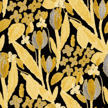 Balmumu pastel boyalarla çizilmiş soyut çiçekleri olan yaratıcı, pürüzsüz desen. Parlak renkli çiçek deseni.