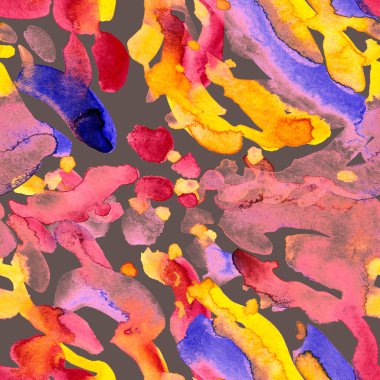 Suluboya, soyut, kusursuz desen. Parlak el yapımı elementlerle yaratıcı doku. Soyut renkli yazdırma.