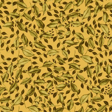 Vintage yapraklı suluboya desenli. Dekoratif tasarım için renkli yaprakları olan güzel bir botanik baskısı. Parlak bahar ya da yaz arkaplanı. Klasik düğün dekoru. Tekstil tasarımı.