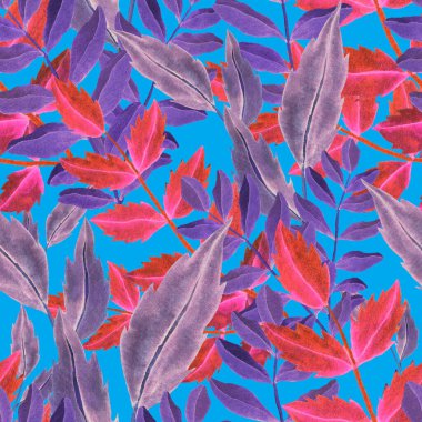 Vintage yapraklı suluboya desenli. Dekoratif tasarım için renkli yaprakları olan güzel bir botanik baskısı. Parlak bahar ya da yaz arkaplanı. Klasik düğün dekoru. Tekstil tasarımı.