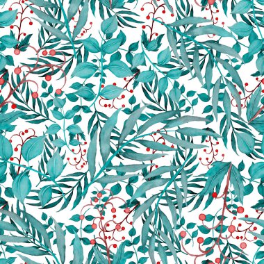 Vintage yapraklı suluboya desenli. Dekoratif tasarım için renkli yaprakları olan güzel bir botanik baskısı. Parlak bahar ya da yaz arkaplanı. Klasik düğün dekoru. Tekstil tasarımı.