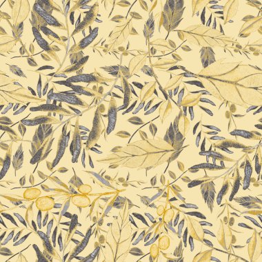 Vintage yapraklı suluboya desenli. Dekoratif tasarım için renkli yaprakları olan güzel bir botanik baskısı. Parlak bahar ya da yaz arkaplanı. Klasik düğün dekoru. Tekstil tasarımı.