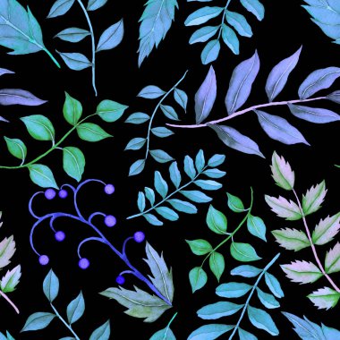 Vintage yapraklı suluboya desenli. Dekoratif tasarım için renkli yaprakları olan güzel bir botanik baskısı. Parlak bahar ya da yaz arkaplanı. Klasik düğün dekoru. Tekstil tasarımı.