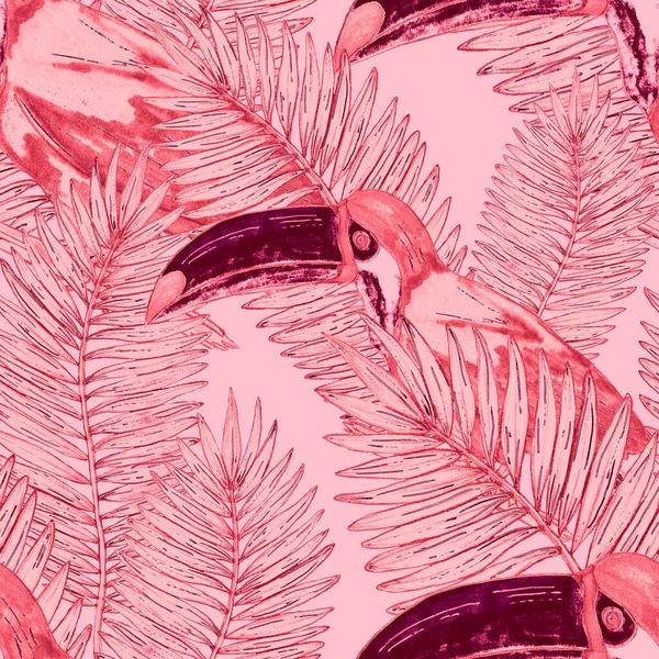 Aquarel Naadloos Patroon Met Toucan Exotische Botanische Jungle Behang Met — Stockfoto