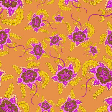 Çiçekli ve yapraklı suluboya desenler etnik tarzda. Çiçek süsleme. Geleneksel şal deseni. Tekstil tasarım dokusu. Kabilesel etnik klasik dikişsiz model..