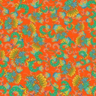 Çiçekli ve yapraklı suluboya desenler etnik tarzda. Çiçek süsleme. Geleneksel şal deseni. Tekstil tasarım dokusu. Kabilesel etnik klasik dikişsiz model..