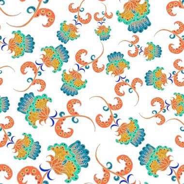 Çiçekli ve yapraklı suluboya desenler etnik tarzda. Çiçek süsleme. Geleneksel şal deseni. Tekstil tasarım dokusu. Kabilesel etnik klasik dikişsiz model..