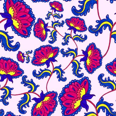 Çiçekli ve yapraklı suluboya desenler etnik tarzda. Çiçek süsleme. Geleneksel şal deseni. Tekstil tasarım dokusu. Kabilesel etnik klasik dikişsiz model..