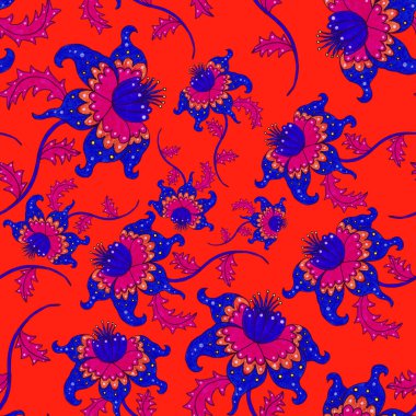 Çiçekli ve yapraklı suluboya desenler etnik tarzda. Çiçek süsleme. Geleneksel şal deseni. Tekstil tasarım dokusu. Kabilesel etnik klasik dikişsiz model..