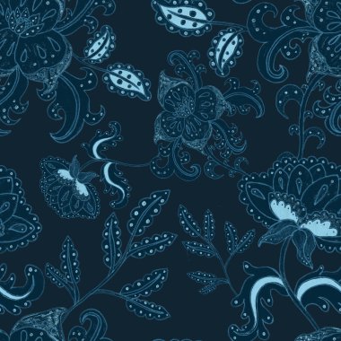 Çiçekli ve yapraklı suluboya desenler etnik tarzda. Çiçek süsleme. Geleneksel şal deseni. Tekstil tasarım dokusu. Kabilesel etnik klasik dikişsiz model..