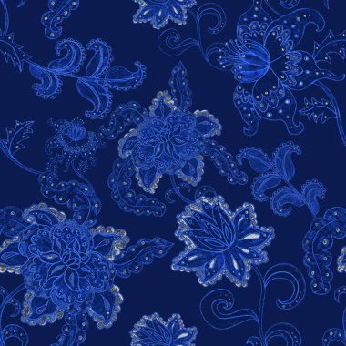 Çiçekli ve yapraklı suluboya desenler etnik tarzda. Çiçek süsleme. Geleneksel şal deseni. Tekstil tasarım dokusu. Kabilesel etnik klasik dikişsiz model..