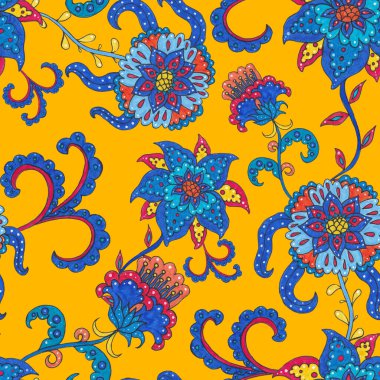 Çiçekli ve yapraklı suluboya desenler etnik tarzda. Çiçek süsleme. Geleneksel şal deseni. Tekstil tasarım dokusu. Kabilesel etnik klasik dikişsiz model..