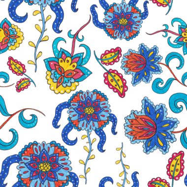 Çiçekli ve yapraklı suluboya desenler etnik tarzda. Çiçek süsleme. Geleneksel şal deseni. Tekstil tasarım dokusu. Kabilesel etnik klasik dikişsiz model..