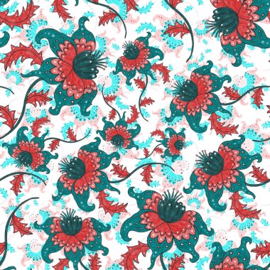 Çiçekli ve yapraklı suluboya desenler etnik tarzda. Çiçek süsleme. Geleneksel şal deseni. Tekstil tasarım dokusu. Kabilesel etnik klasik dikişsiz model..