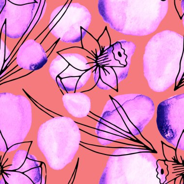 Çizgili sanat çiçekleri ve suluboya lekeleri olan yaratıcı kusursuz desen. Moda soyut modern vintage baskı.