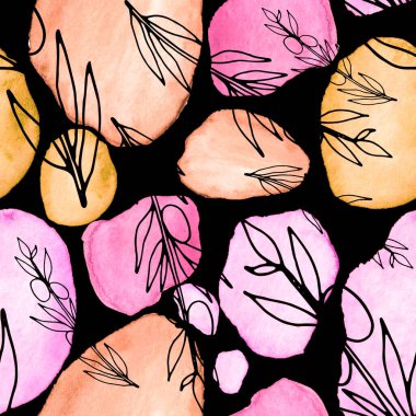 Çizgili sanat çiçekleri ve suluboya lekeleri olan yaratıcı kusursuz desen. Moda soyut modern vintage baskı.