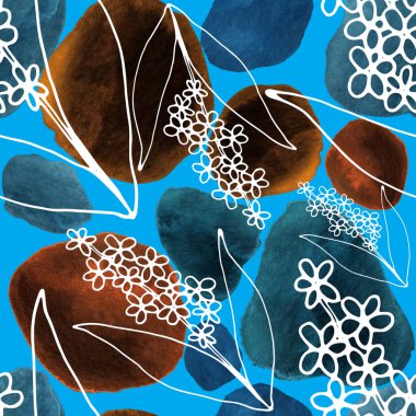 Çizgili sanat çiçekleri ve suluboya lekeleri olan yaratıcı kusursuz desen. Moda soyut modern vintage baskı.