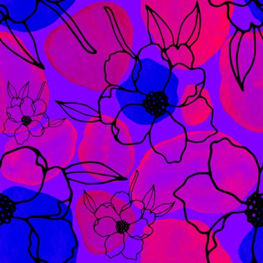 Çizgili sanat çiçekleri ve suluboya lekeleri olan yaratıcı kusursuz desen. Moda soyut modern vintage baskı.