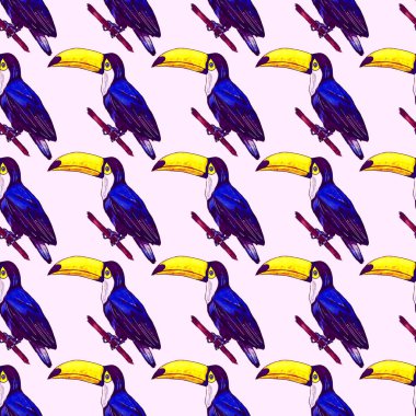 Tukanla dikişsiz suluboya desen. Tropik kuşlu ve yapraklı egzotik botanik orman duvar kağıdı. Parlak yaz şablonu geçmişi.