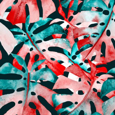 Renkli ve soyut tropikal yapraklı suluboya desenli. Egzotik bitkilerle dolu parlak yaz baskısı. Yaratıcı trend botanik tekstil tasarımı.