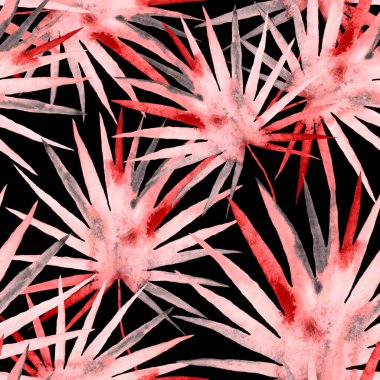 Renkli ve soyut tropikal yapraklı suluboya desenli. Egzotik bitkilerle dolu parlak yaz baskısı. Yaratıcı trend botanik tekstil tasarımı.